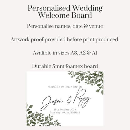 Printed Personalised Wedding Welcome Board | Botanical Greenery 2 Wedding Sign | Custom Names & Venue | Elegant Leafy Foamex Board