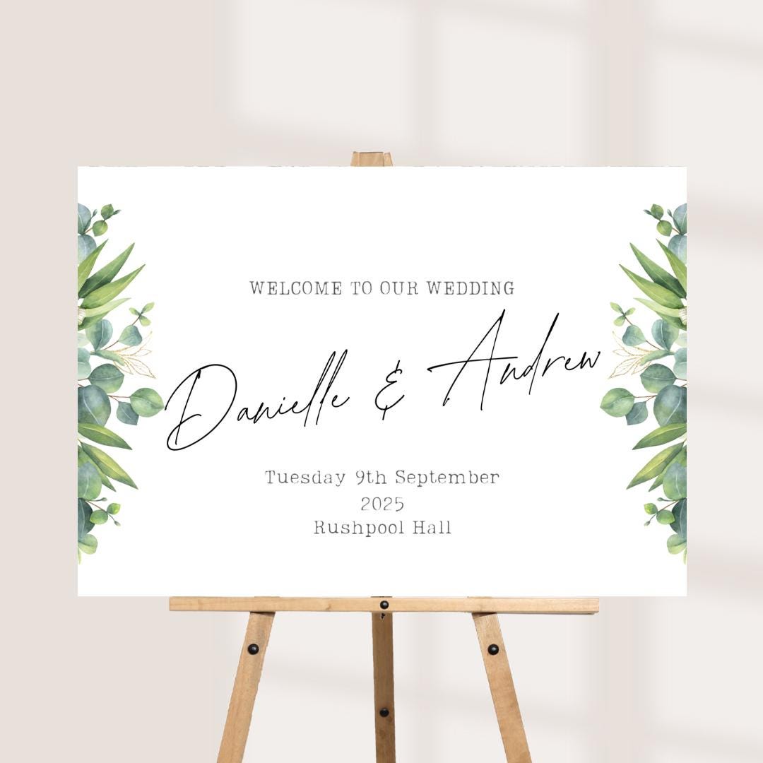 Personalised Greenery Wedding Welcome Sign | Botanical Wedding 4 Board with Names, Date & Venue | Custom Printed Sign | 