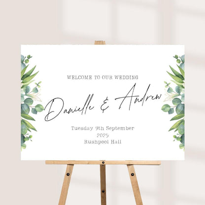 Personalised Greenery Wedding Welcome Sign | Botanical Wedding 4 Board with Names, Date & Venue | Custom Printed Sign | 