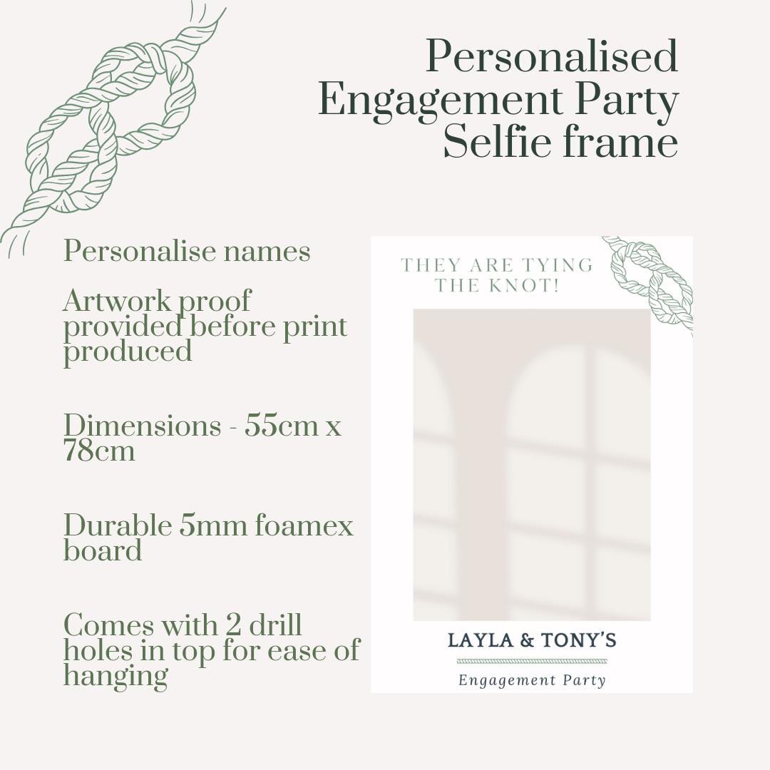Printed Personalised Engagement Party Selfie Frame – “They Are Tying the Knot” Design – Custom Names – 55x78cm – Foamex Photo Prop