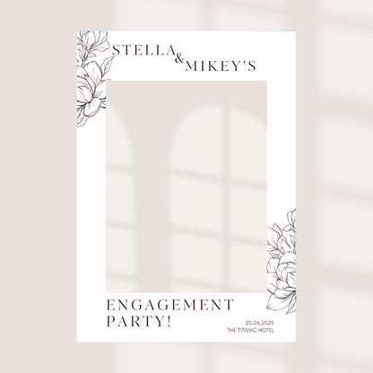 Printed Personalised Engagement Party Selfie Frame – Floral Monochrome Design – Custom Names, Date & Venue – 55x78cm – Foamex Photo Prop