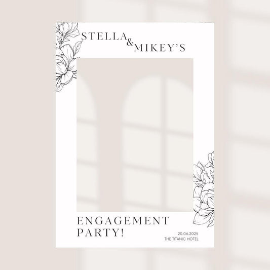 Printed Personalised Engagement Party Selfie Frame – Floral Monochrome Design – Custom Names, Date & Venue – 55x78cm – Foamex Photo Prop