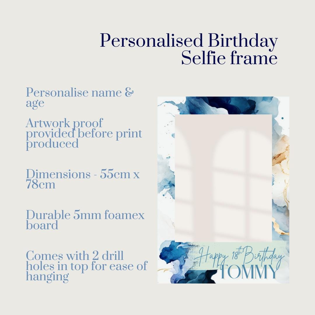 Printed Personalised Birthday Selfie Frame - Custom Name and Age - Blue & Gold Watercolour Party Prop - 18th 21st 30th 40th Birthday Photo