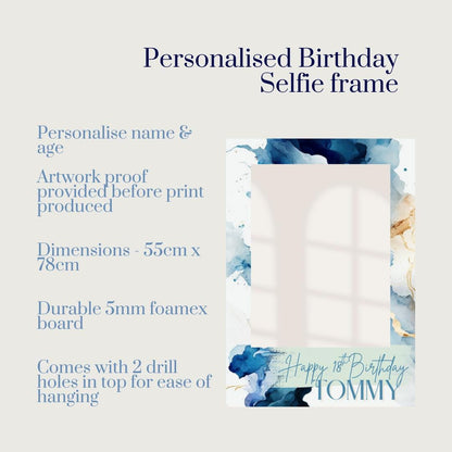 Printed Personalised Birthday Selfie Frame - Custom Name and Age - Blue & Gold Watercolour Party Prop - 18th 21st 30th 40th Birthday Photo