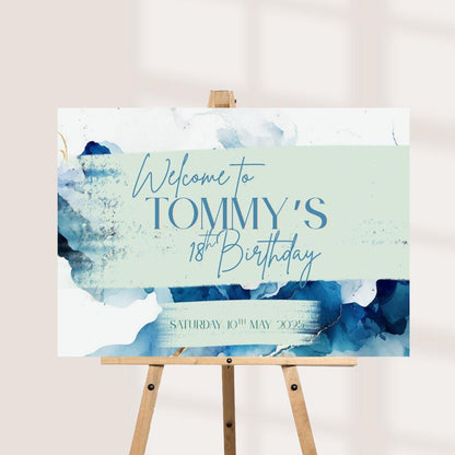 Personalised Birthday Welcome Sign: Blue & Gold Ink Splash Party Decor - Customise Name, Age + Date