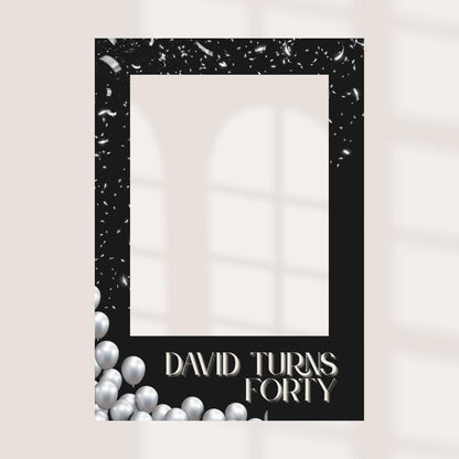 Personalised Birthday Selfie Frame | Black and Silver Party Prop | Custom Name & Age | Printed Foamex Board 55x78cm