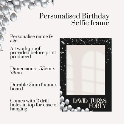 Personalised Birthday Selfie Frame | Black and Silver Party Prop | Custom Name & Age | Printed Foamex Board 55x78cm