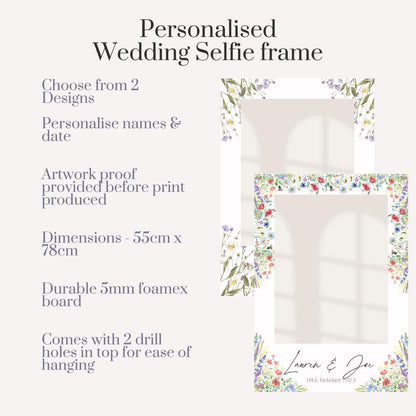 Personalised Printed Wedding Selfie Frame: Rustic Floral Photo Booth Prop - Customise Bride & Grooms Names + Date - Wedding Decor
