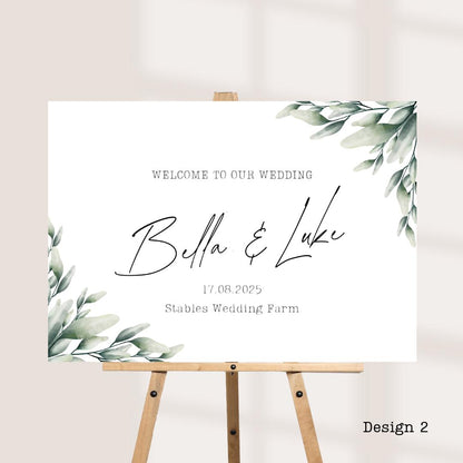 Printed Personalised Wedding Welcome Board | Green Botanical Design's | Custom Names, Date & Venue | Elegant Display | 8 Design Options