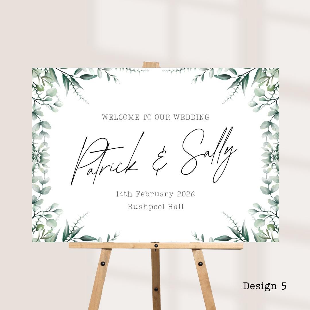 Printed Personalised Wedding Welcome Board | Green Botanical Design's | Custom Names, Date & Venue | Elegant Display | 8 Design Options