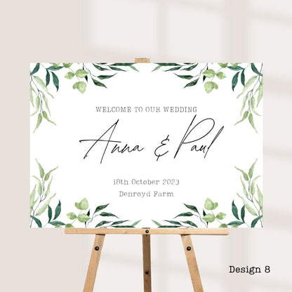 Printed Personalised Wedding Welcome Board | Green Botanical Design's | Custom Names, Date & Venue | Elegant Display | 8 Design Options