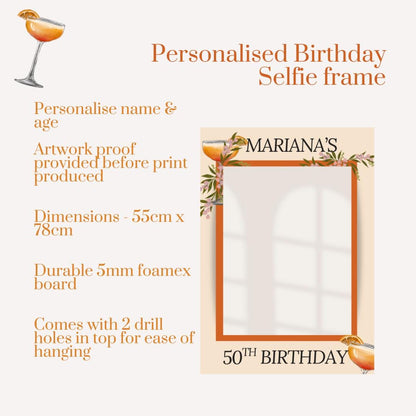 Printed Personalised Birthday Selfie Frame – Cocktail Floral Design – Custom Name & Age – 55x78cm – Foamex Photo Booth Prop