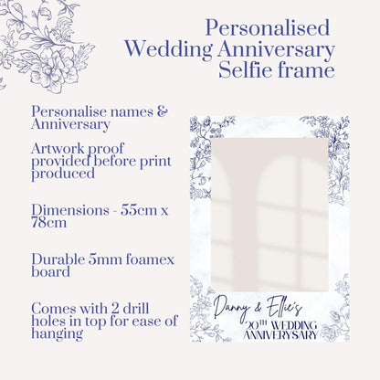 Personalised Printed 20th Wedding Anniversary Selfie Frame | Blue Floral China Design | Custom Names & Date | Party Photo Prop