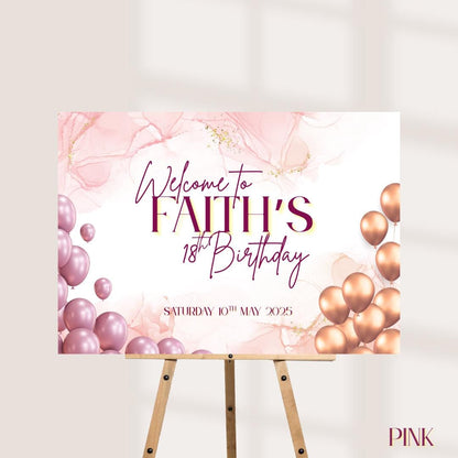 Personalised Printed Birthday Welcome Sign: Rose Gold Balloon Party Decor