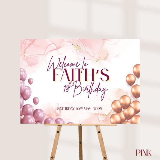 Personalised Printed Birthday Welcome Sign: Rose Gold Balloon Party Decor