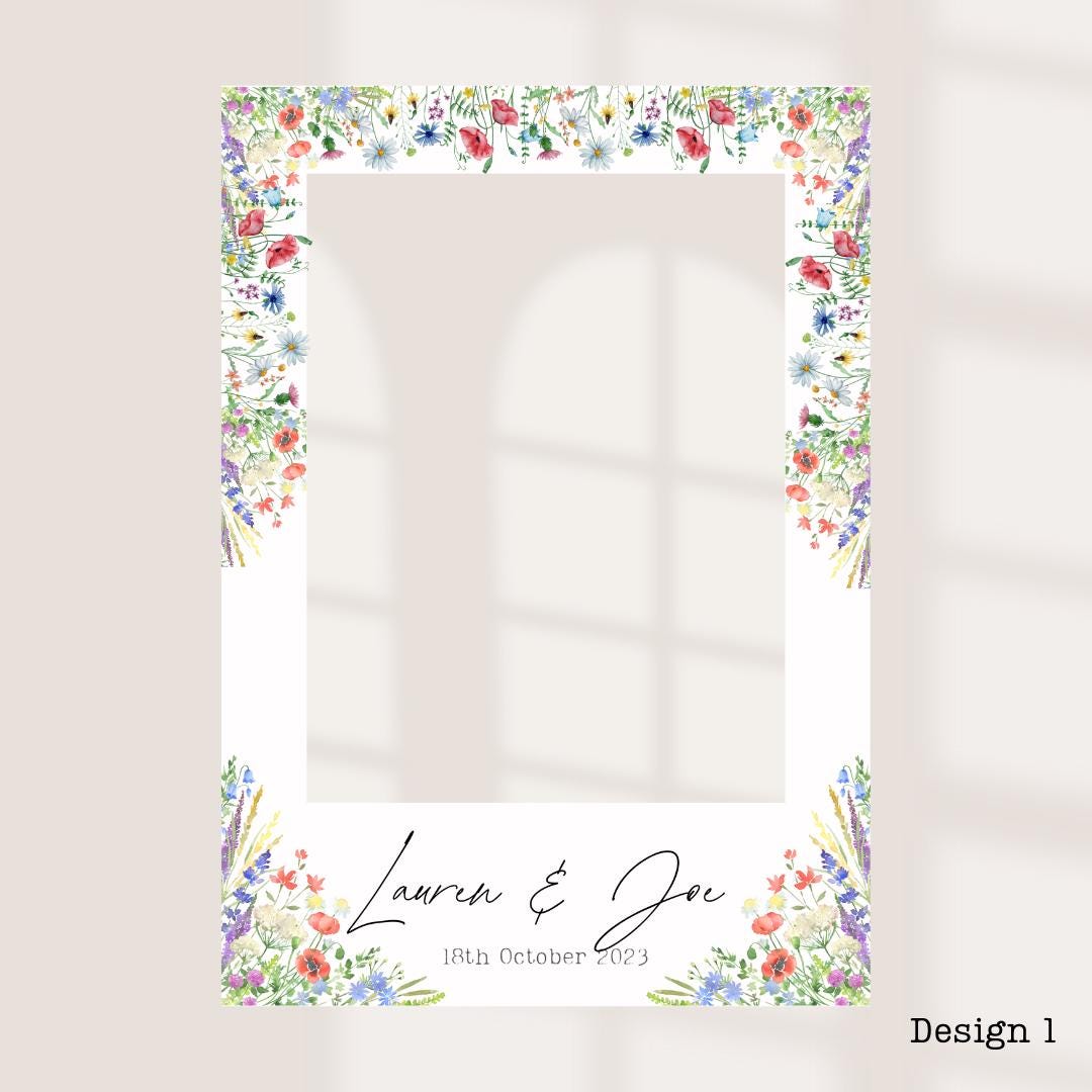 Personalised Printed Wedding Selfie Frame: Rustic Floral Photo Booth Prop - Customise Bride & Grooms Names + Date - Wedding Decor
