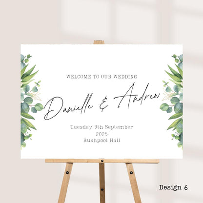 Printed Personalised Wedding Welcome Board | Green Botanical Design's | Custom Names, Date & Venue | Elegant Display | 8 Design Options