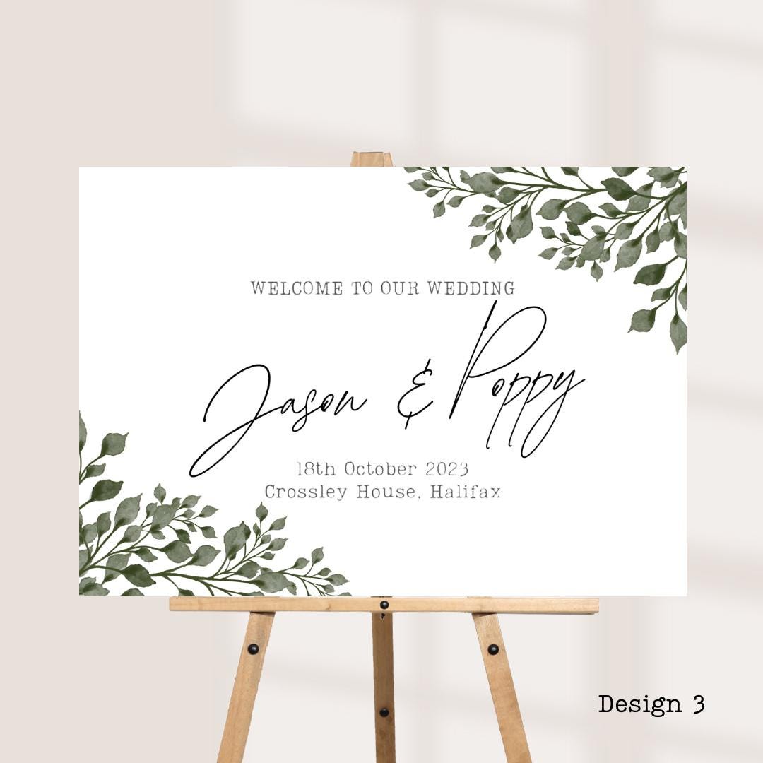 Printed Personalised Wedding Welcome Board | Green Botanical Design's | Custom Names, Date & Venue | Elegant Display | 8 Design Options