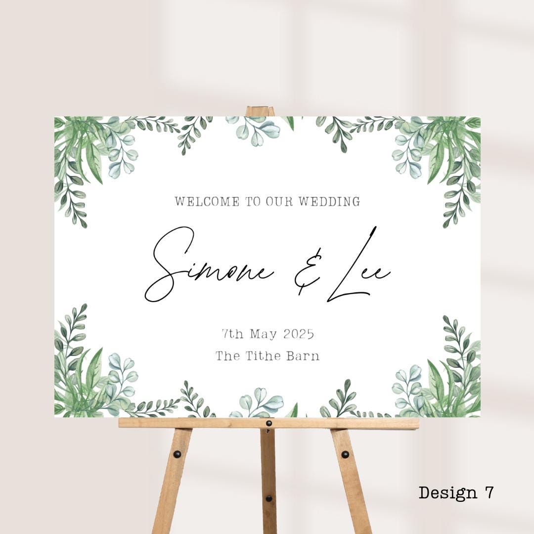 Printed Personalised Wedding Welcome Board | Green Botanical Design's | Custom Names, Date & Venue | Elegant Display | 8 Design Options