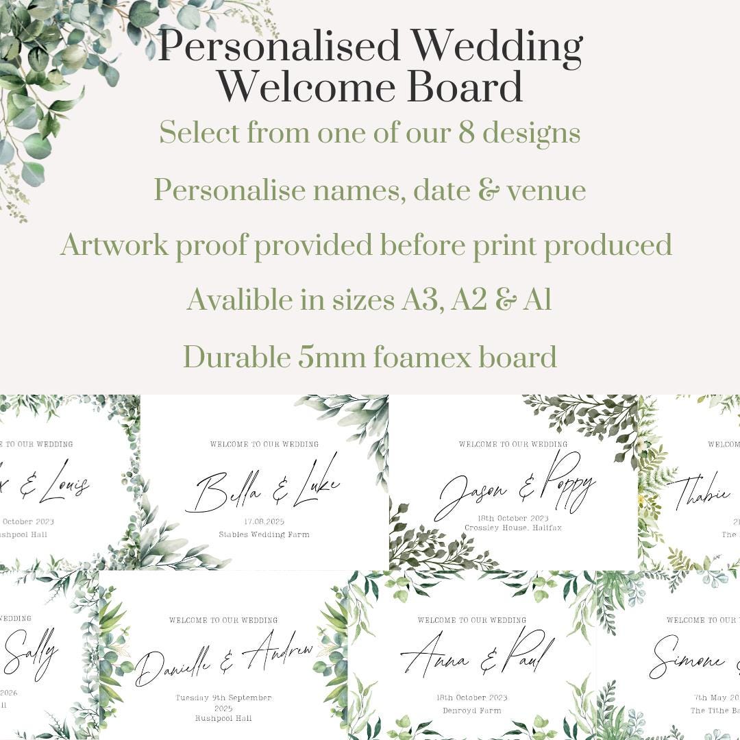Printed Personalised Wedding Welcome Board | Green Botanical Design's | Custom Names, Date & Venue | Elegant Display | 8 Design Options
