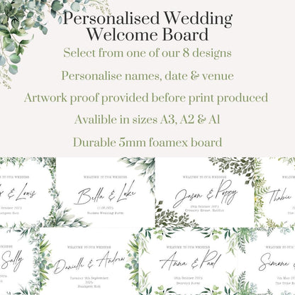 Printed Personalised Wedding Welcome Board | Green Botanical Design's | Custom Names, Date & Venue | Elegant Display | 8 Design Options