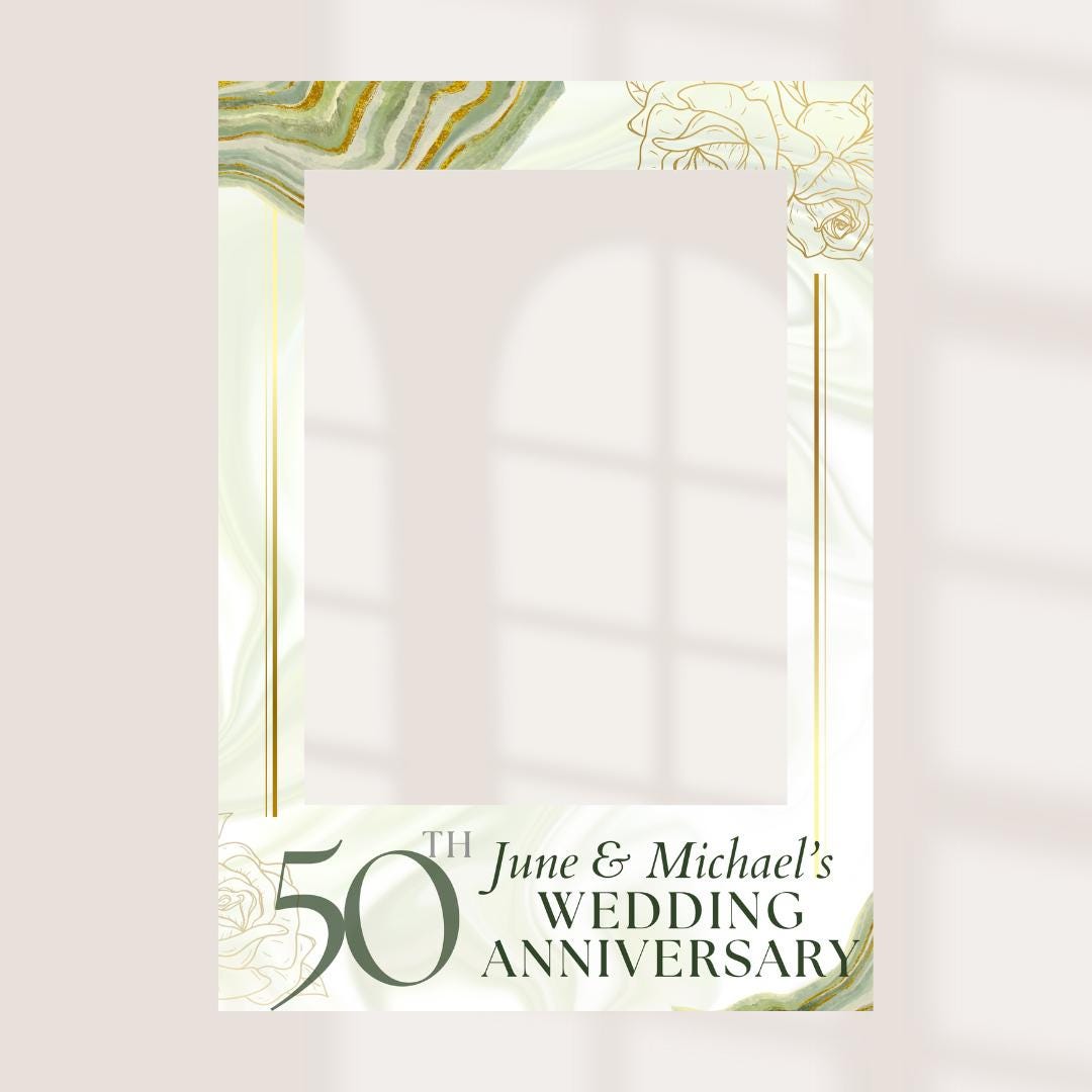 Printed Personalised 50th Wedding Anniversary Selfie Frame – Gold & Marble Design – Custom Names – 55x78cm – Foamex Photo Booth Prop