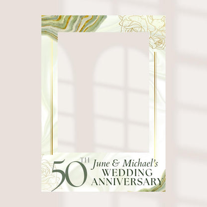 Printed Personalised 50th Wedding Anniversary Selfie Frame – Gold & Marble Design – Custom Names – 55x78cm – Foamex Photo Booth Prop