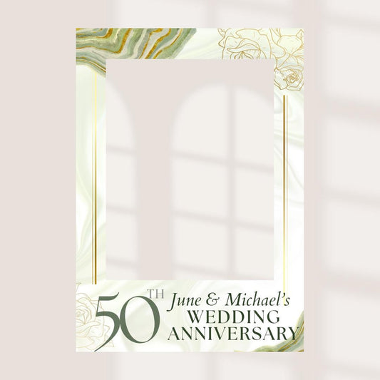 Printed Personalised 50th Wedding Anniversary Selfie Frame – Gold & Marble Design – Custom Names – 55x78cm – Foamex Photo Booth Prop