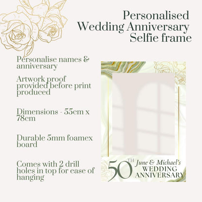 Printed Personalised 50th Wedding Anniversary Selfie Frame – Gold & Marble Design – Custom Names – 55x78cm – Foamex Photo Booth Prop