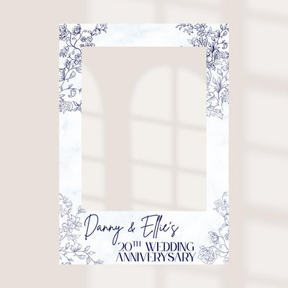 Personalised Printed 20th Wedding Anniversary Selfie Frame | Blue Floral China Design | Custom Names & Date | Party Photo Prop
