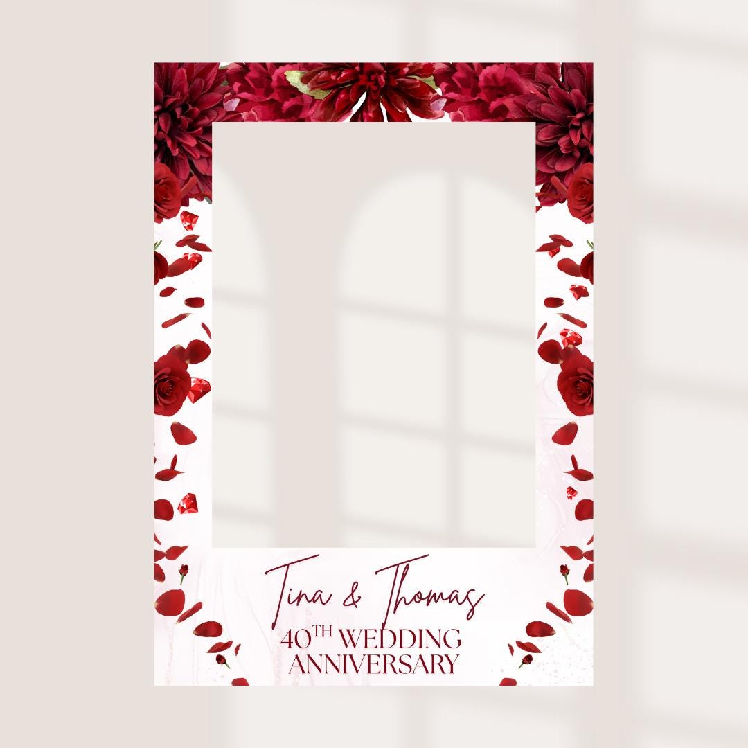 Personalised Printed Ruby Wedding Anniversary Selfie Frame: Red Floral Design -  Photo Booth Prop - Customise Names & Anniversary