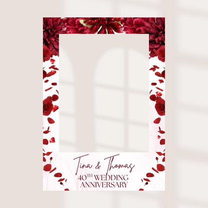 Personalised Printed Ruby Wedding Anniversary Selfie Frame: Red Floral Design -  Photo Booth Prop - Customise Names & Anniversary