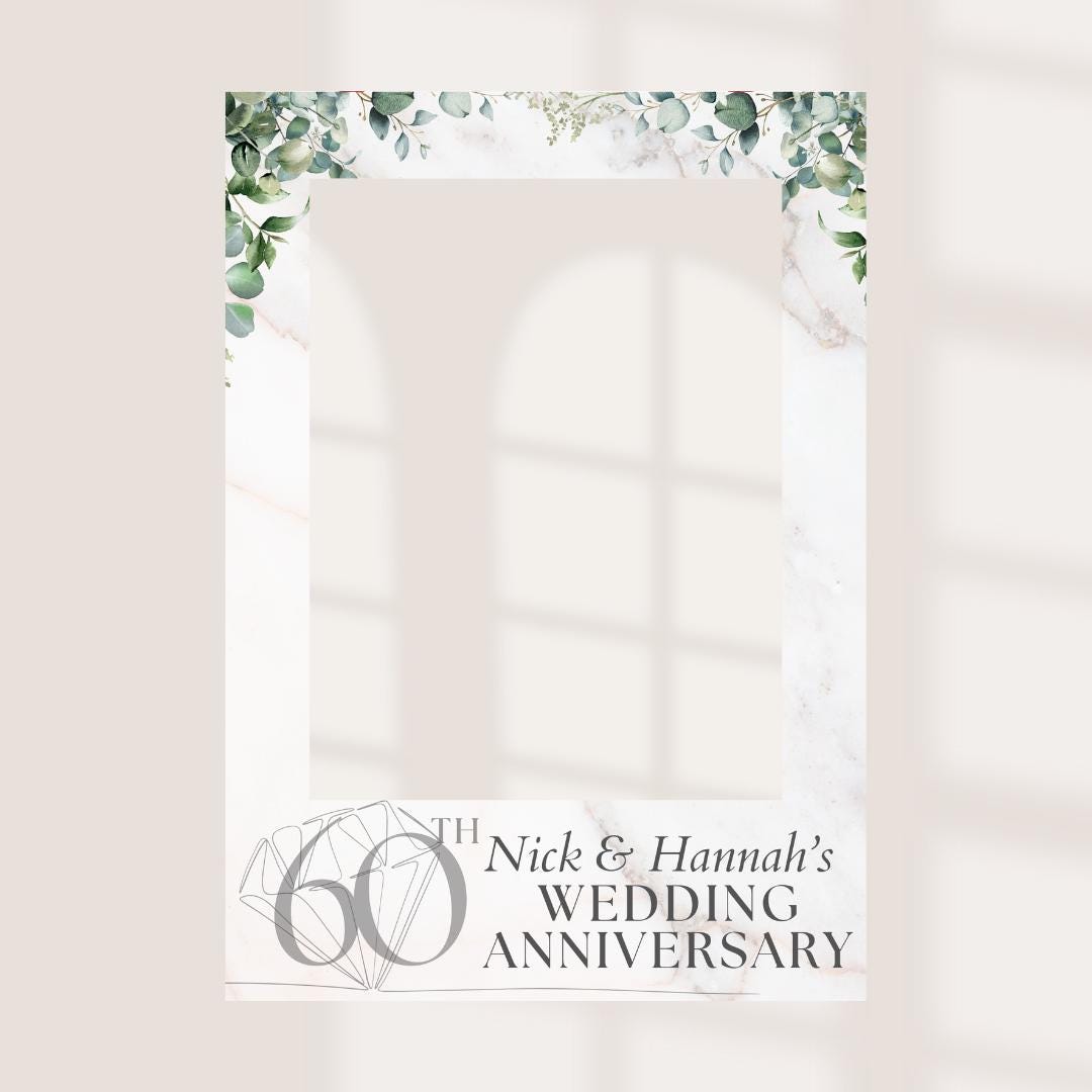 Personalised Printed 60th Wedding Anniversary Selfie Frame - Greenery Marble Design - Custom Names & Date |  Photo Prop