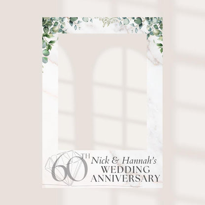 Personalised Printed 60th Wedding Anniversary Selfie Frame - Greenery Marble Design - Custom Names & Date |  Photo Prop