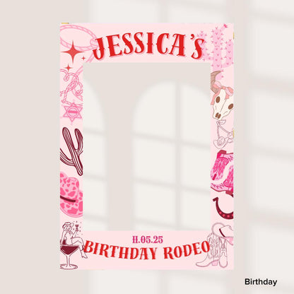 Personalised Printed Rodeo Selfie Frame: Pink Cowgirl Party Photo Prop Hen Party/ Birthday - Customise Name & Date - 3 Design Options