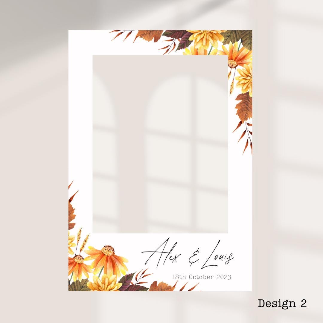 Personalised Autumn/ Fall Wedding Printed Selfie Frame: 8 Autumnal Designs - Photo Booth Prop - Customise Names & Date - Fall Wedding Decor