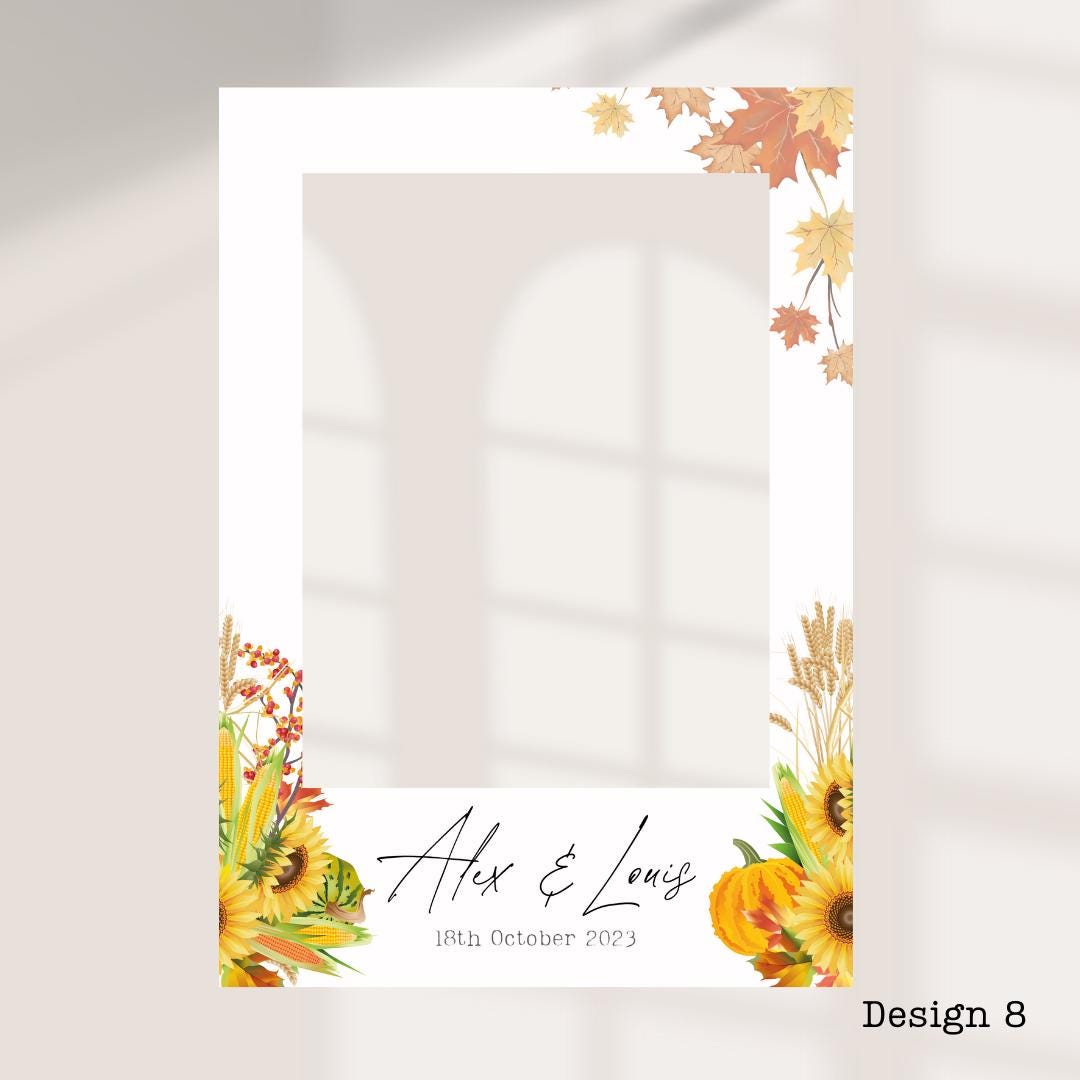 Personalised Autumn/ Fall Wedding Printed Selfie Frame: 8 Autumnal Designs - Photo Booth Prop - Customise Names & Date - Fall Wedding Decor