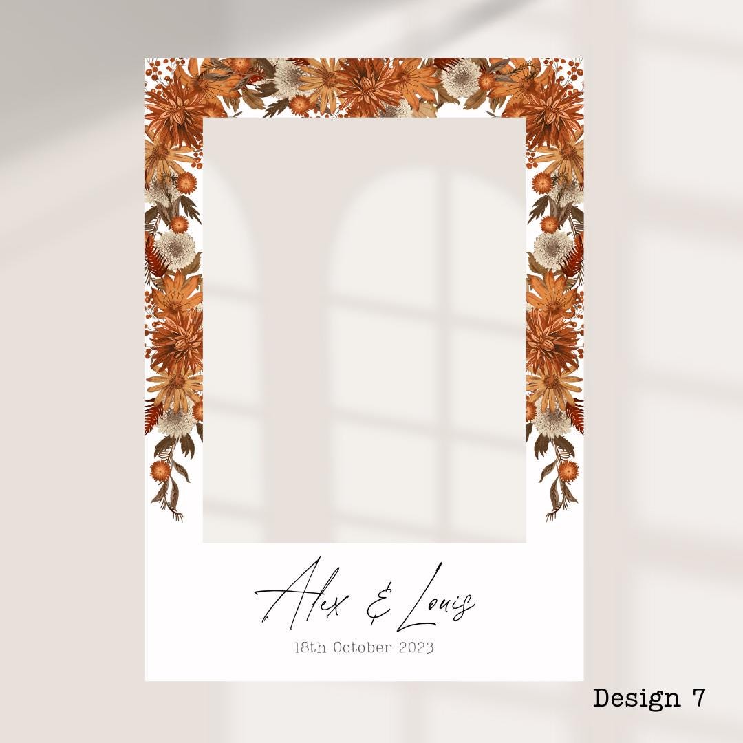 Personalised Autumn/ Fall Wedding Printed Selfie Frame: 8 Autumnal Designs - Photo Booth Prop - Customise Names & Date - Fall Wedding Decor