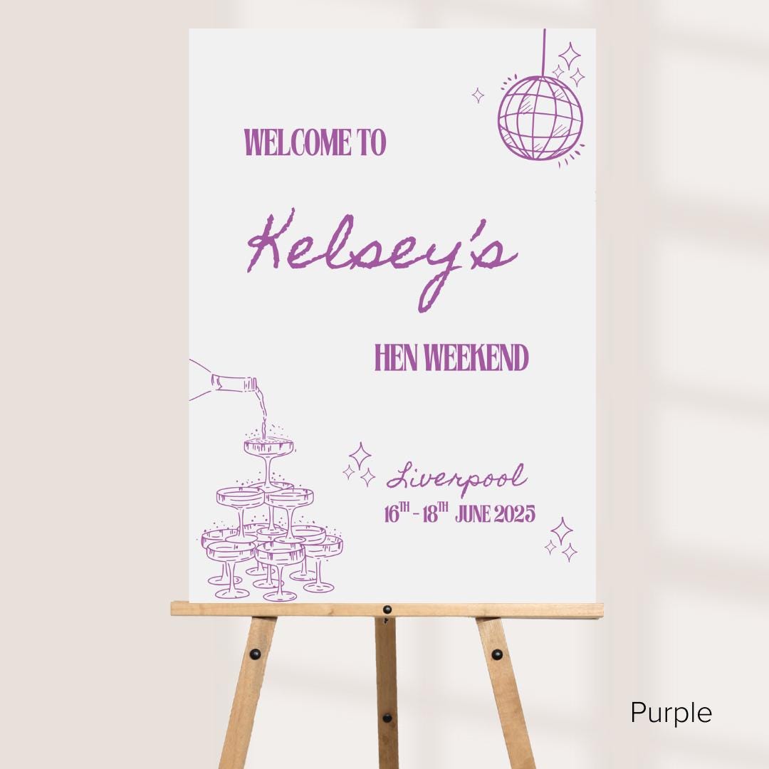 Personalised Hen Party Printed Welcome Sign: Disco Ball Champagne Design - Customise Name, Venue & Date - Various Colour Options