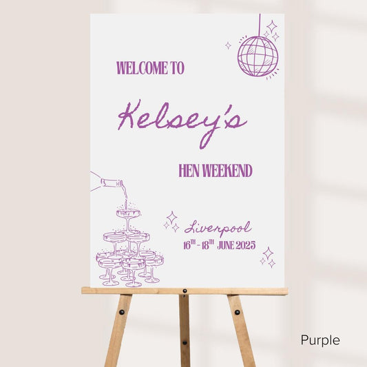 Personalised Hen Party Printed Welcome Sign: Disco Ball Champagne Design - Customise Name, Venue & Date - Various Colour Options