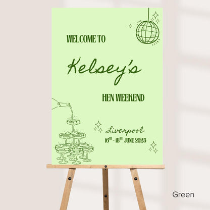 Personalised Hen Party Printed Welcome Sign: Disco Ball Champagne Design - Customise Name, Venue & Date - Various Colour Options