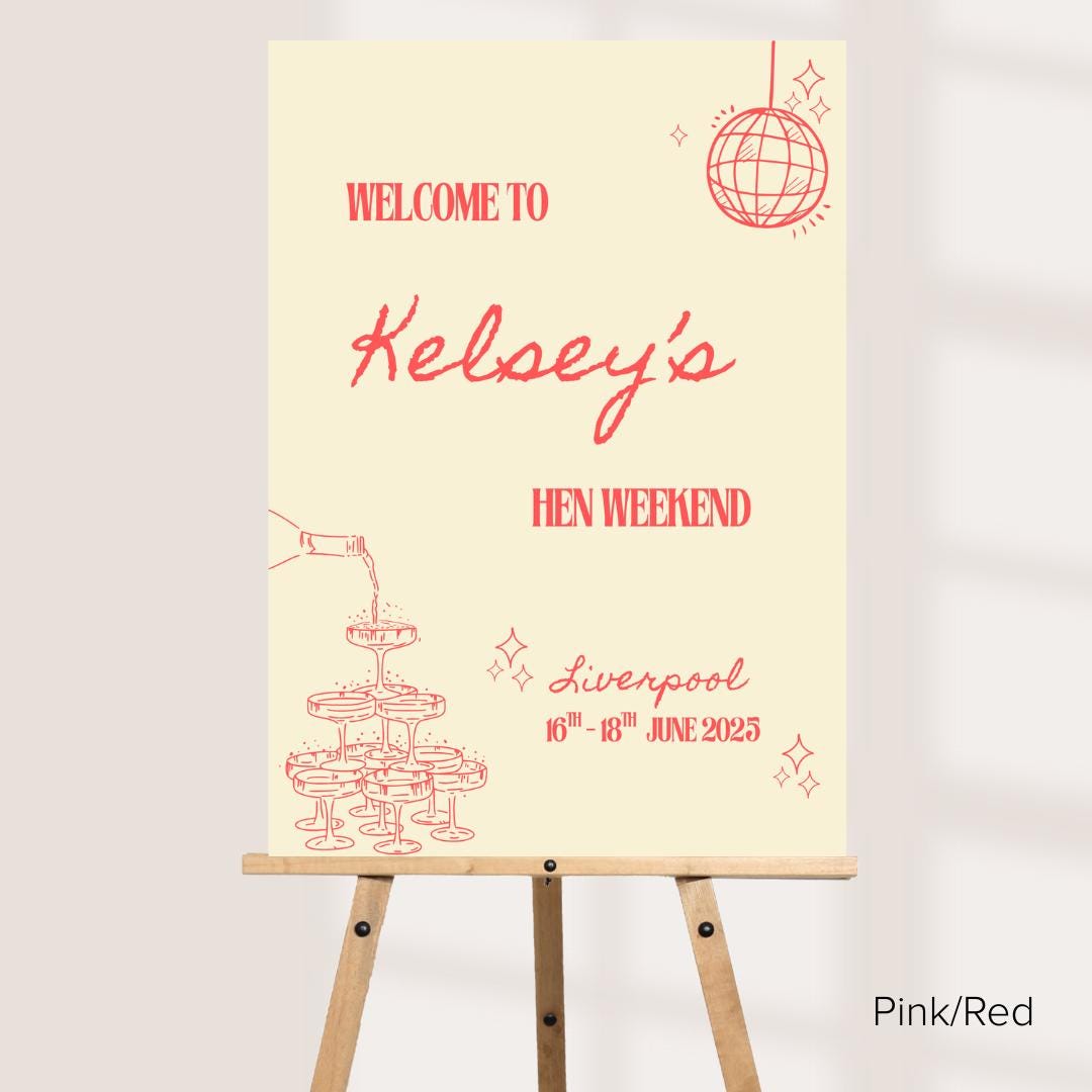 Personalised Hen Party Printed Welcome Sign: Disco Ball Champagne Design - Customise Name, Venue & Date - Various Colour Options