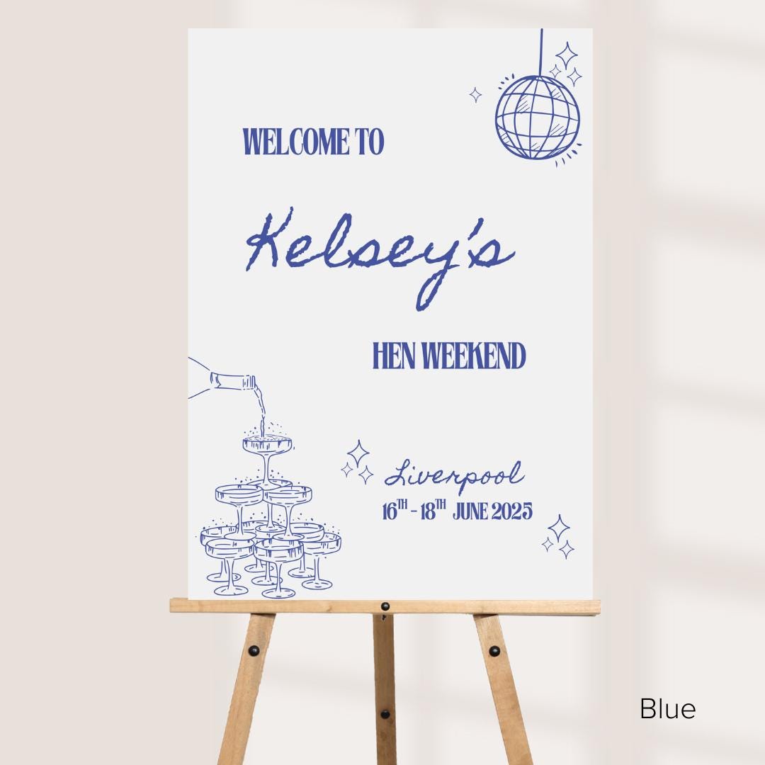 Personalised Hen Party Printed Welcome Sign: Disco Ball Champagne Design - Customise Name, Venue & Date - Various Colour Options