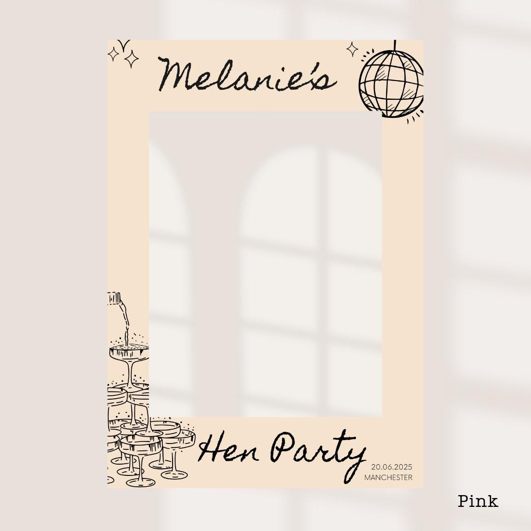 Personalised Hen Party Printed Selfie Frame: Disco Ball Champagne Tower Design - Customise Name, Venue & Date - Various Colour Options