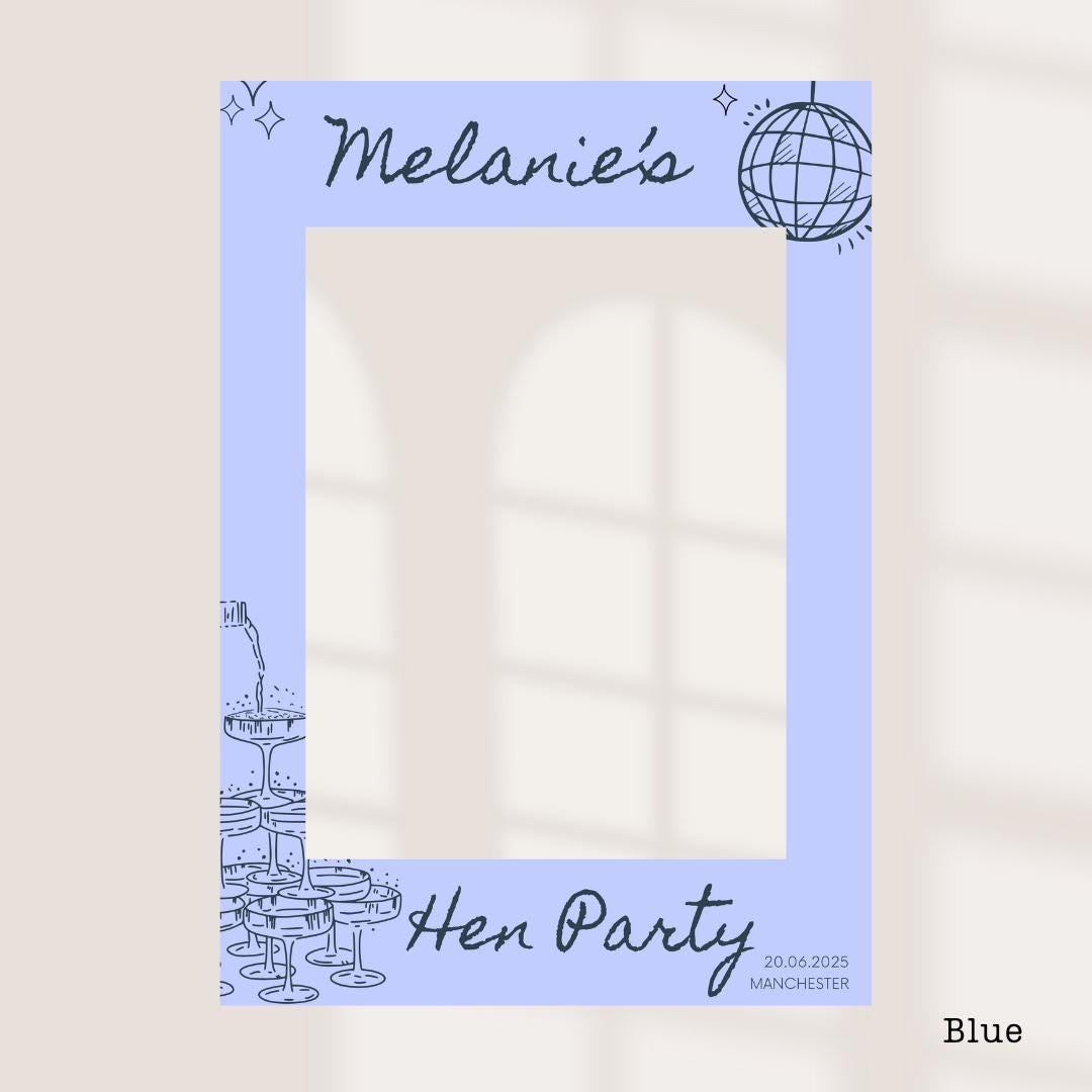 Personalised Hen Party Printed Selfie Frame: Disco Ball Champagne Tower Design - Customise Name, Venue & Date - Various Colour Options