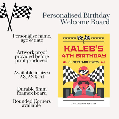 Personalised Racing Car Birthday Welcome Sign: Custom Party Decor