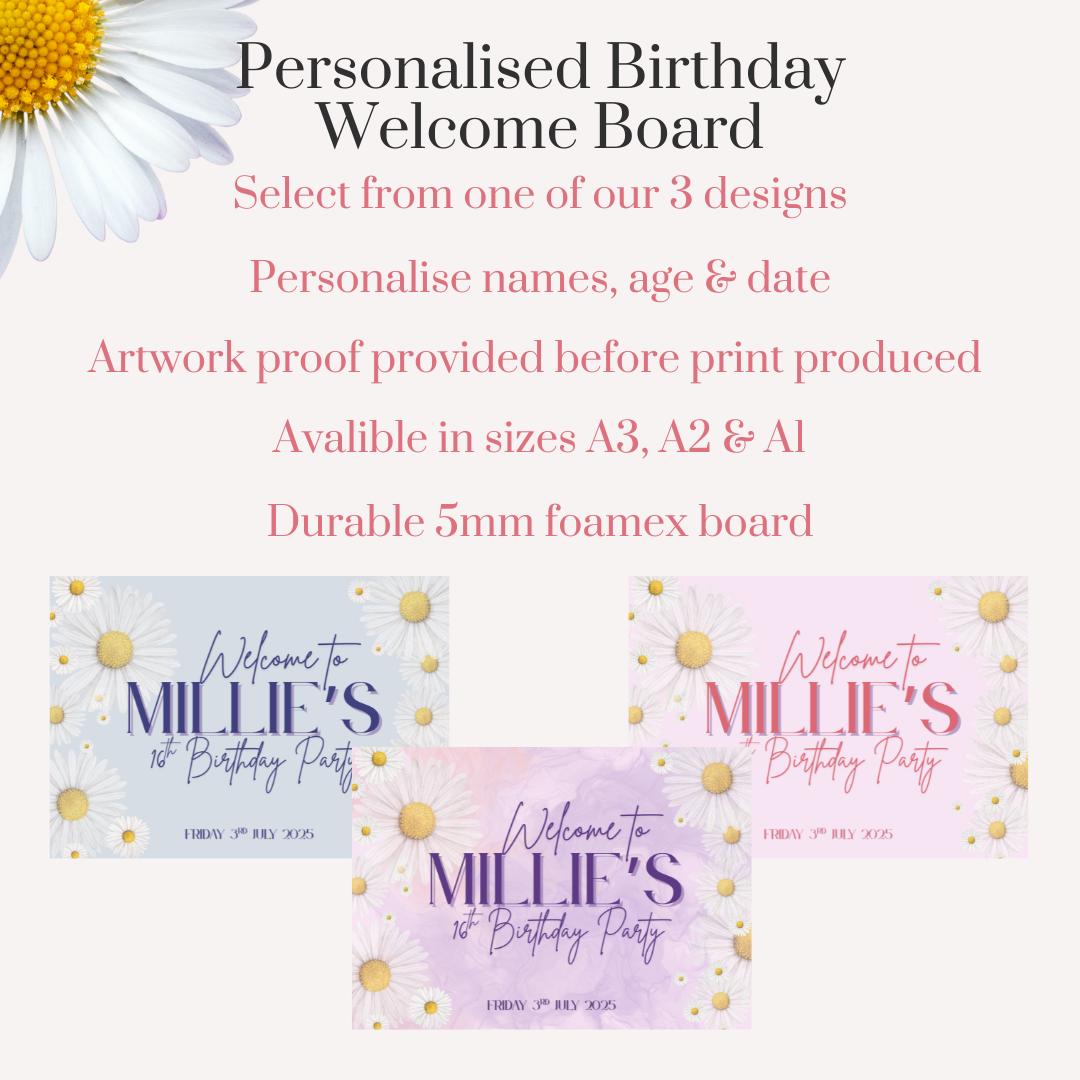Personalised Daisy Birthday Welcome Sign: Custom Party Decor - 3 Colour Options