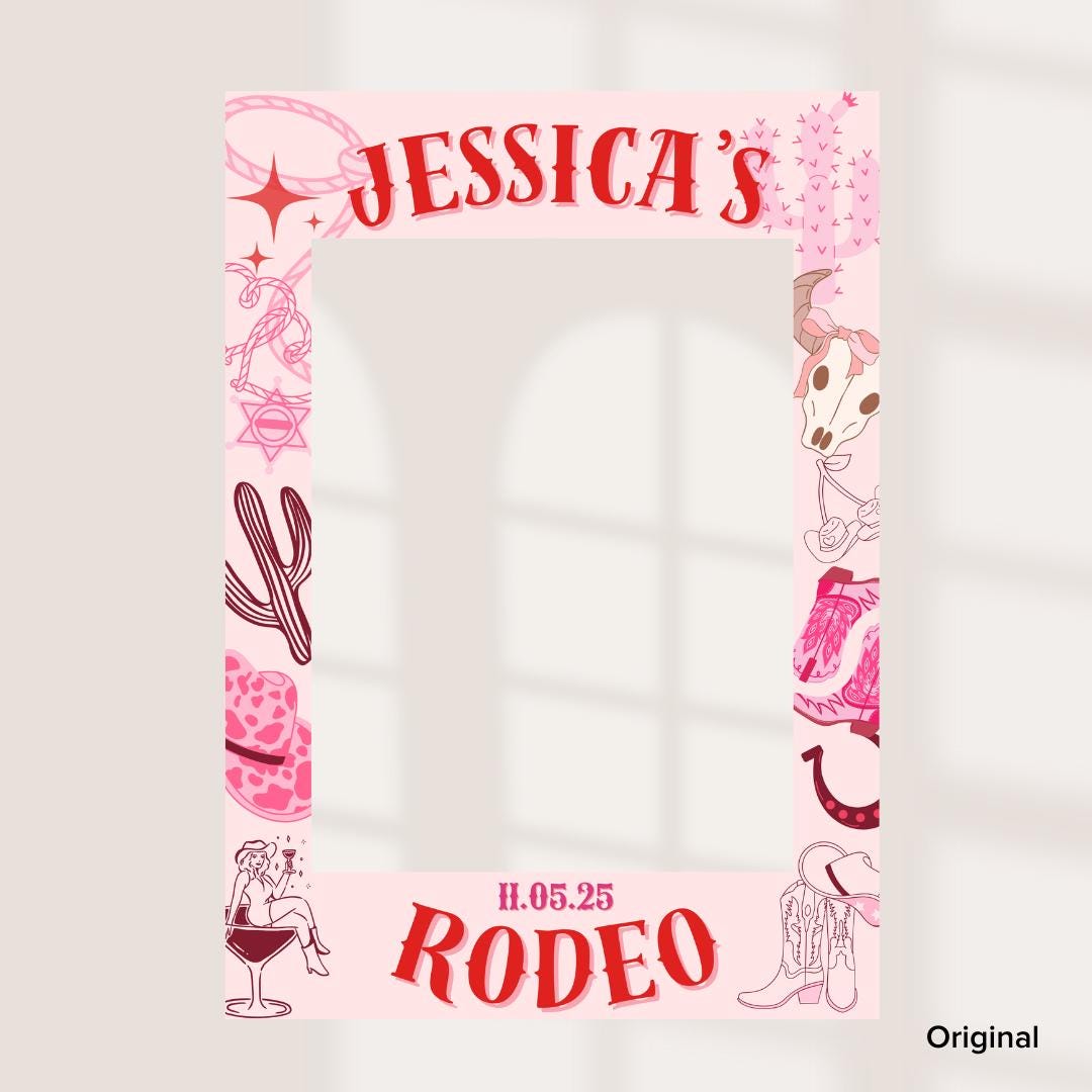Personalised Printed Rodeo Selfie Frame: Pink Cowgirl Party Photo Prop Hen Party/ Birthday - Customise Name & Date - 3 Design Options