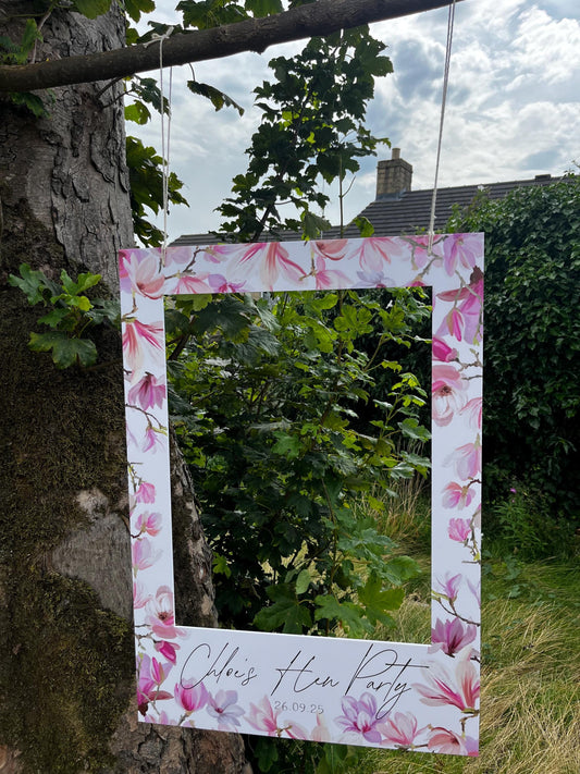 Personalised Printed Hen Party Selfie Frame: Pink Floral Design Photo Booth Prop - Customise Brides Name & Date - Bachelorette Party Decor