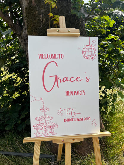 Personalised Printed Hen Party Welcome Sign: Disco Ball Champagne Design